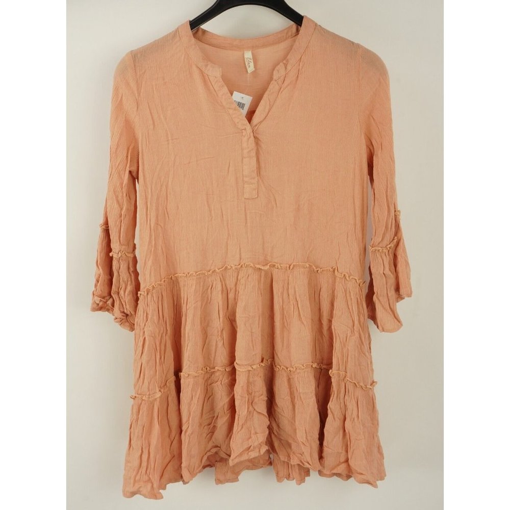 New Elan Women XS Melon Pink V-Neck Tiered A-Line Boho Tunic Cover Up Mini Dress